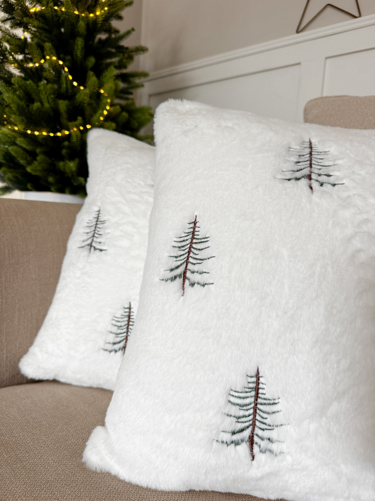 Winter pines faux fur Christmas cushion