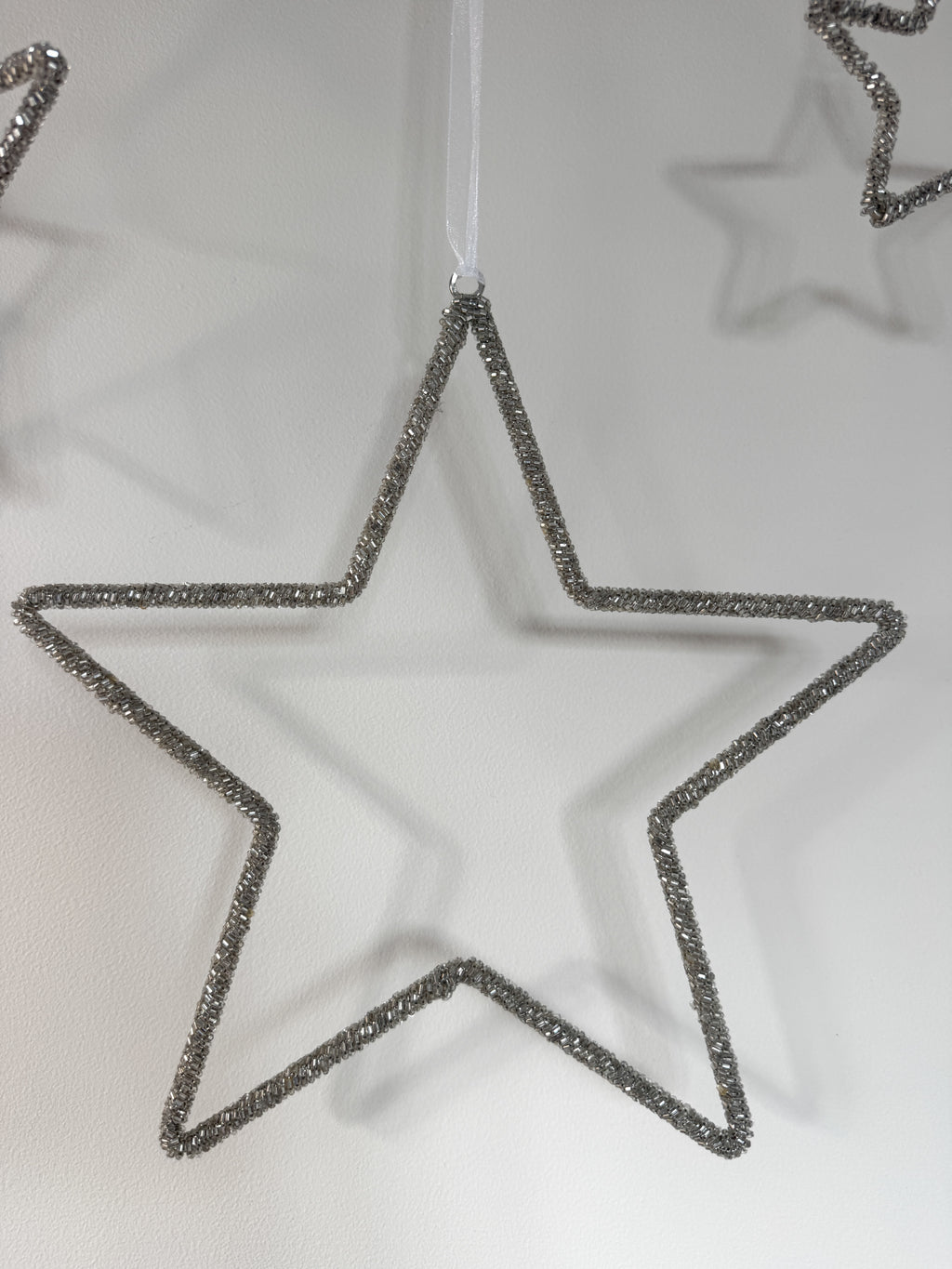 Silver beaded hanging star, 25cm