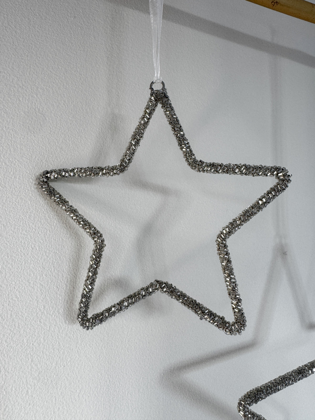 Silver beaded hanging star, 15cm