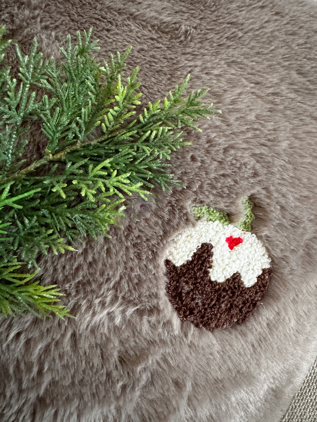 Christmas puddings faux fur cushion