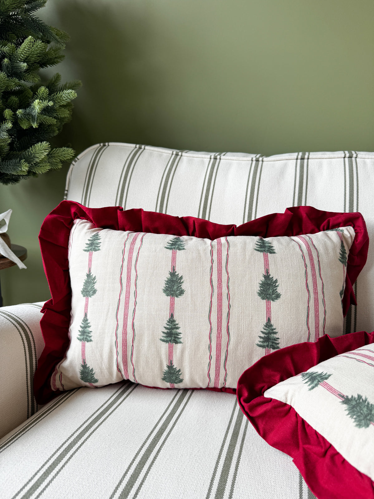 Spruce stripe ruffle Christmas cushion
