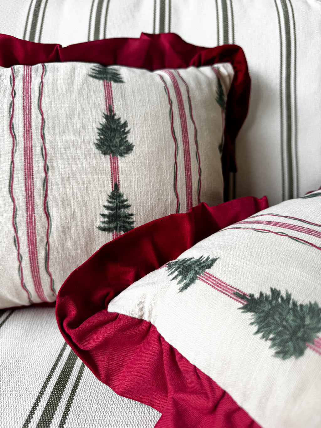 Spruce stripe ruffle Christmas cushion
