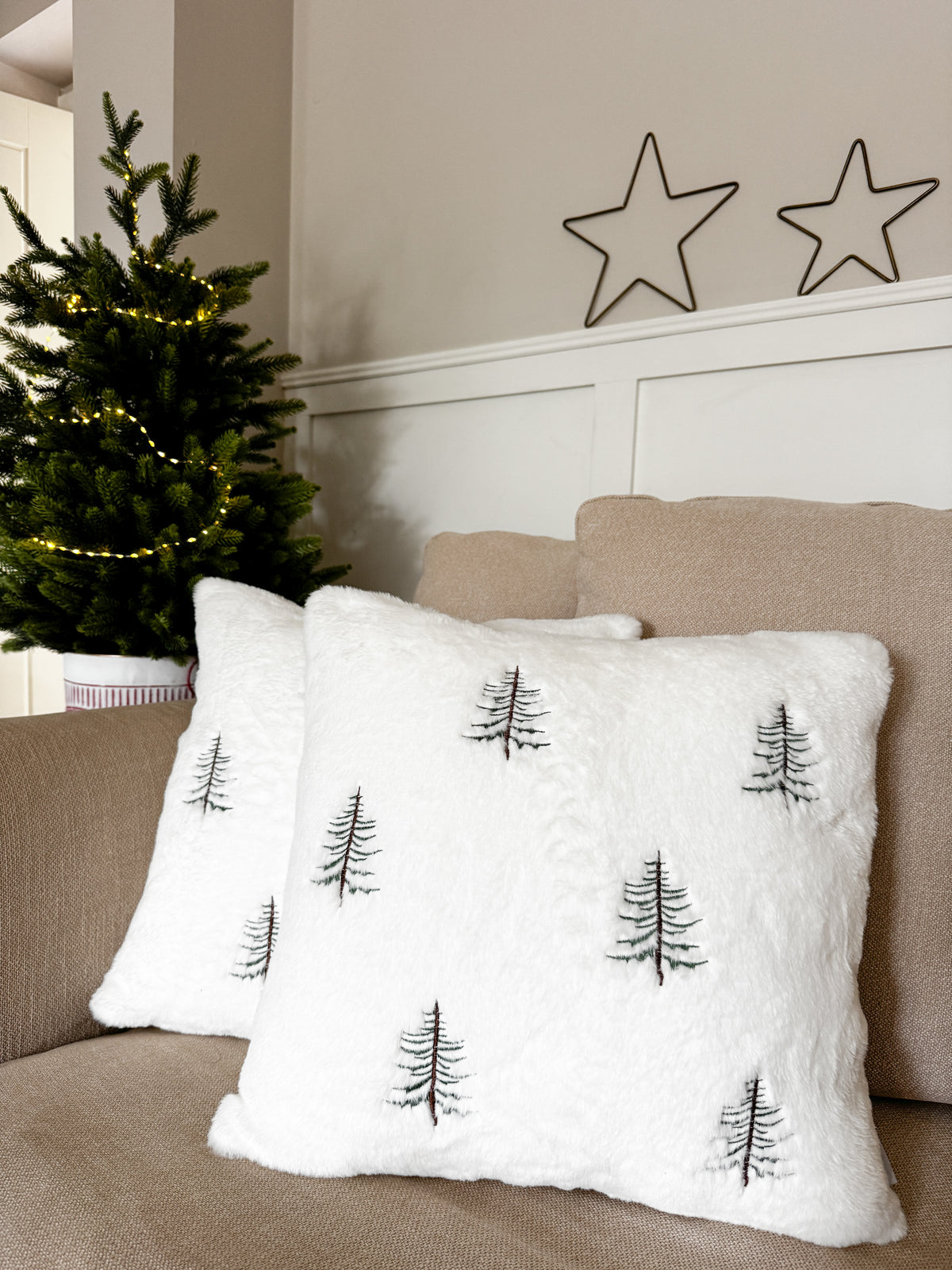 Winter pines faux fur Christmas cushion