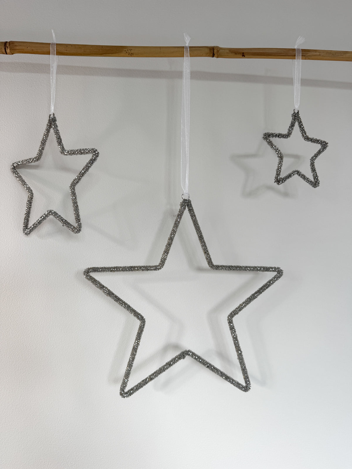 Silver beaded hanging star, 15cm