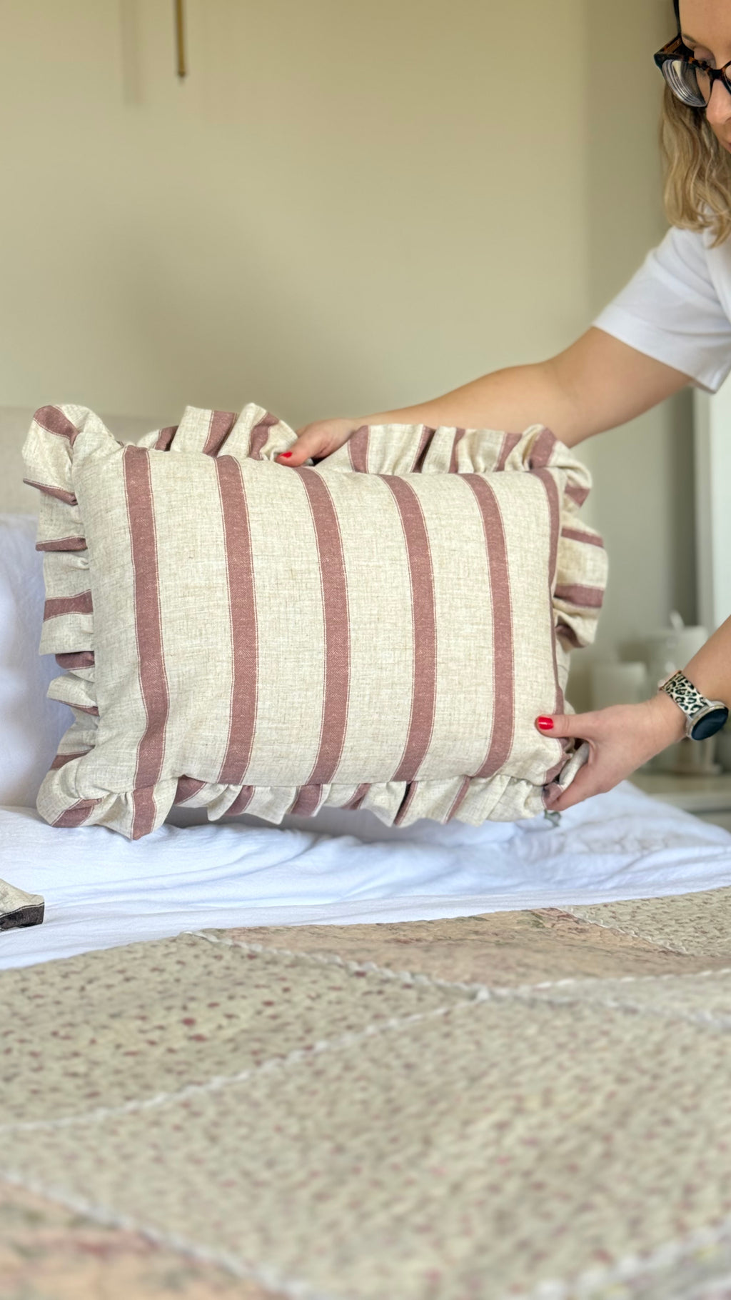 Connie rectangle striped ruffle cushion pink