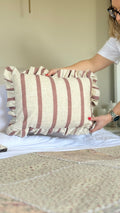 Connie rectangle striped ruffle cushion pink