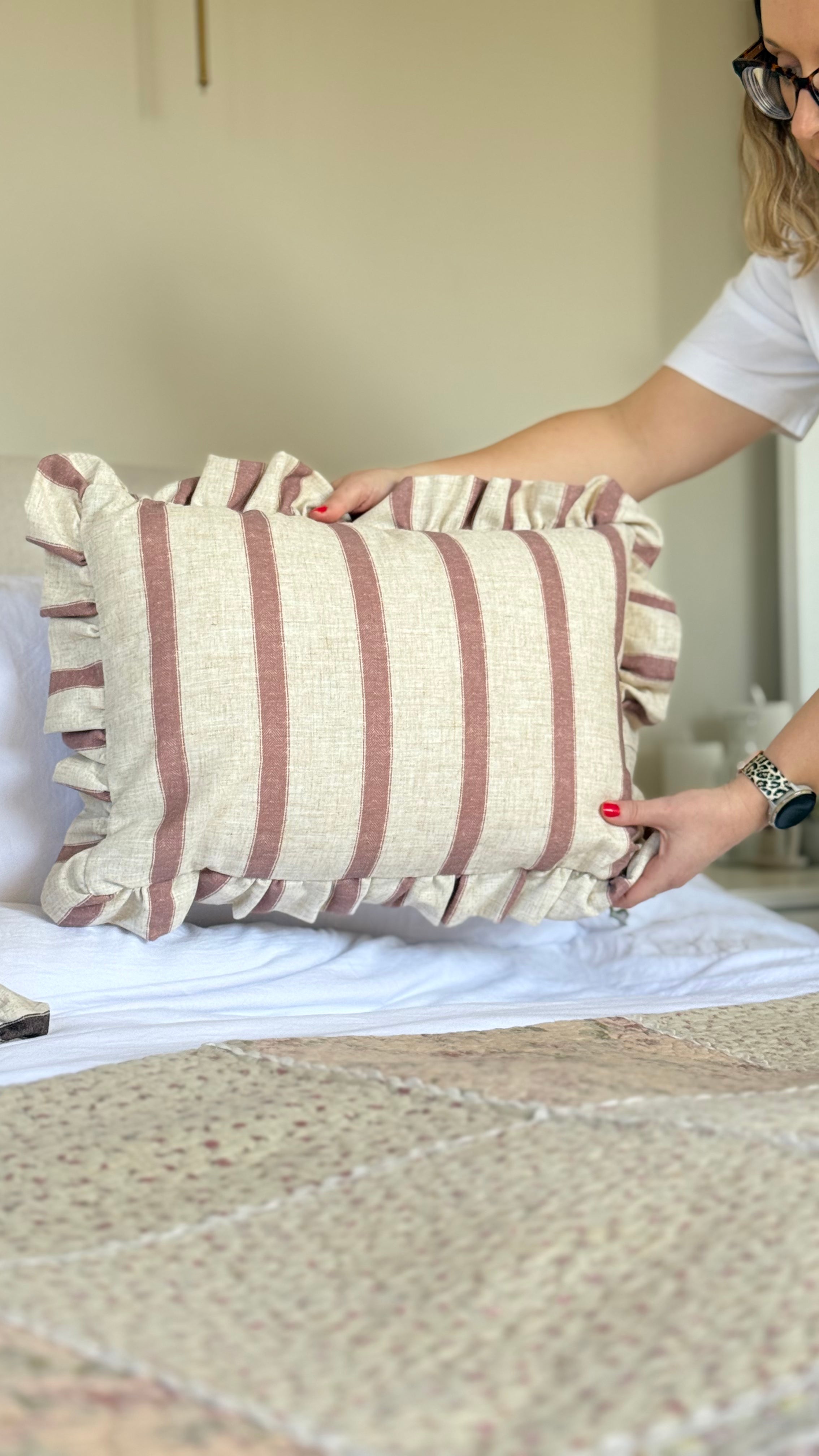 Connie rectangle striped ruffle cushion pink