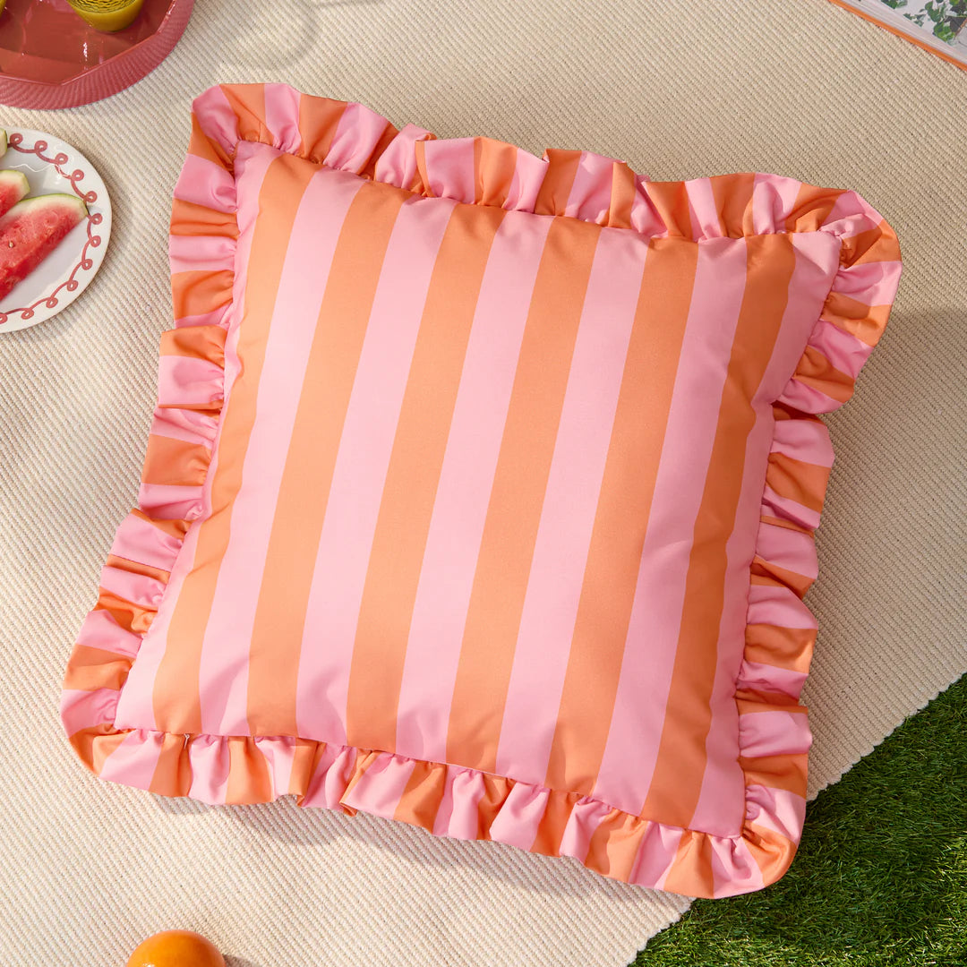 Outdoor striped ruffle cushion pink and orange