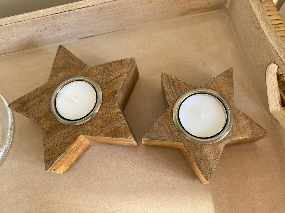 Wooden Star Tealight Holders - Set of 2