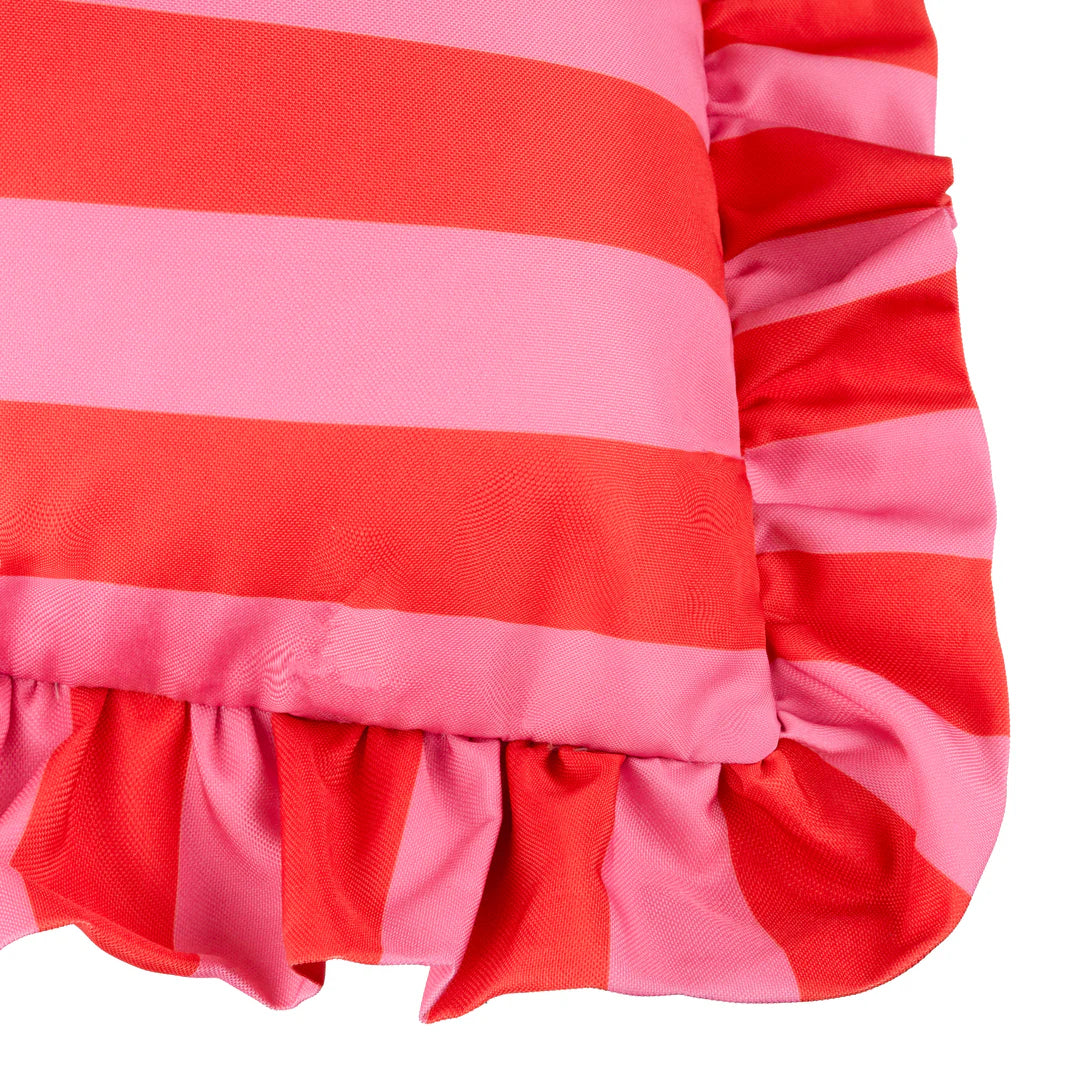Outdoor striped ruffle cushion pink and red