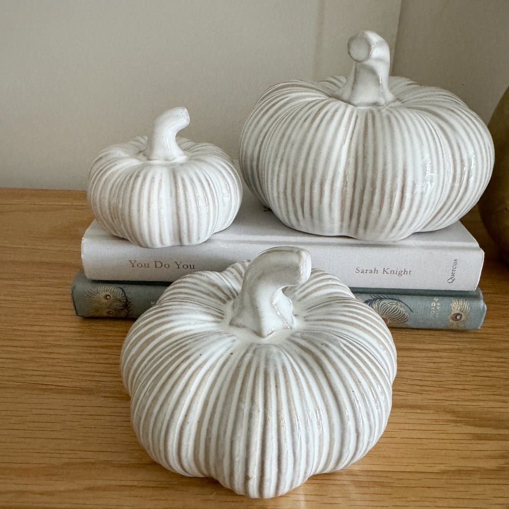 Neutral ribbed ceramic pumpkin - medium