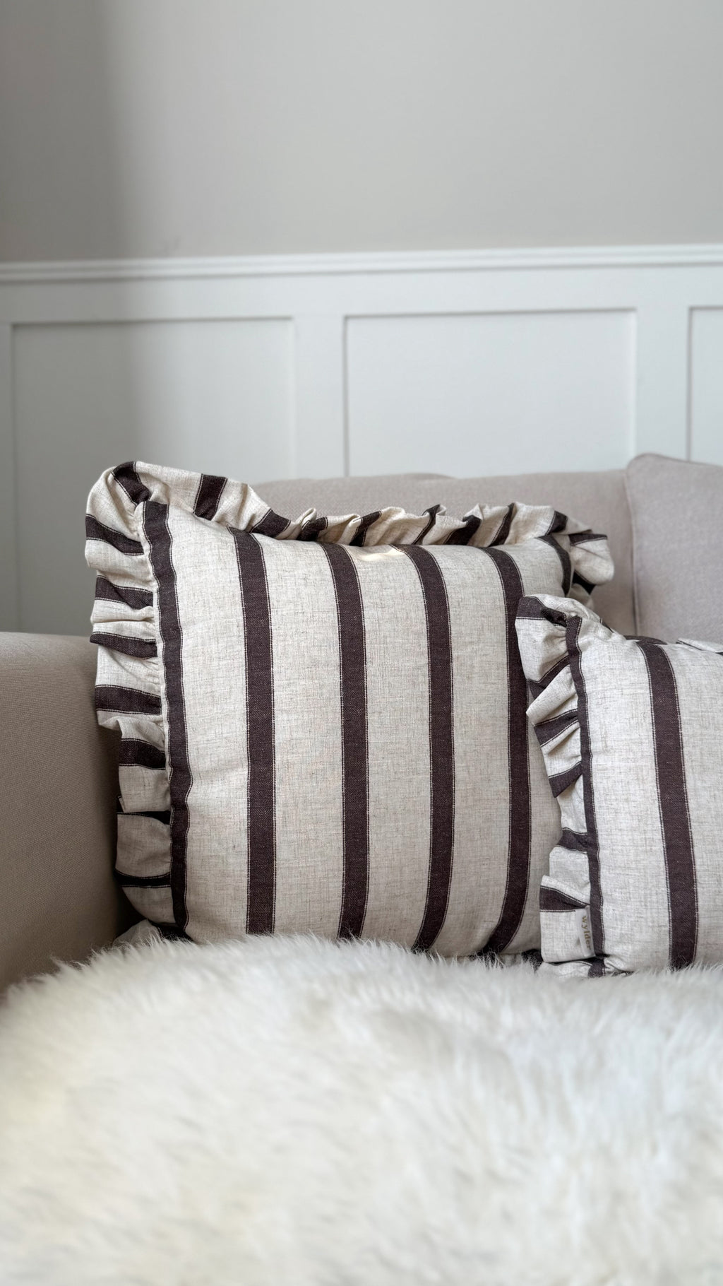 Connie square striped ruffle cushion chocolate