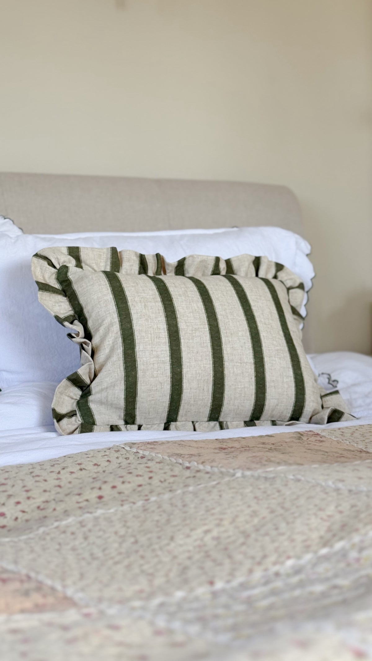Connie rectangle striped ruffle cushion green