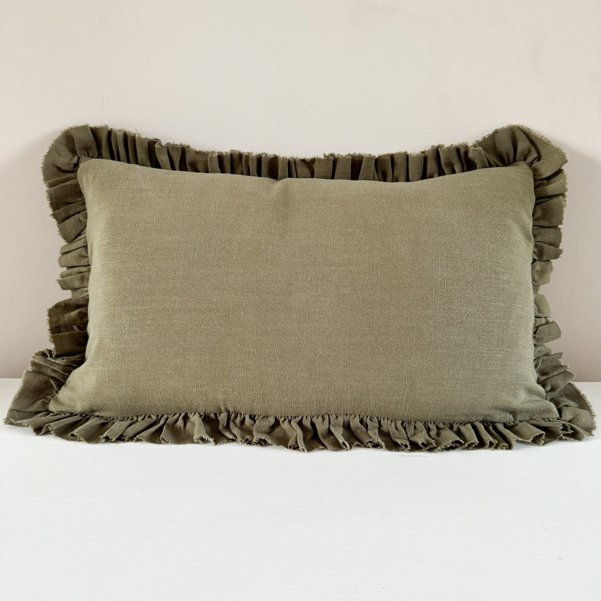 Olive plain ruffled linen cushion 50 x 30