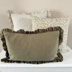 Olive plain ruffled linen cushion 50 x 30