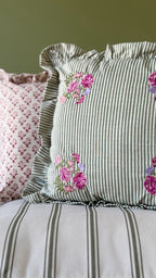 Martha green striped ruffle vintage floral cushion