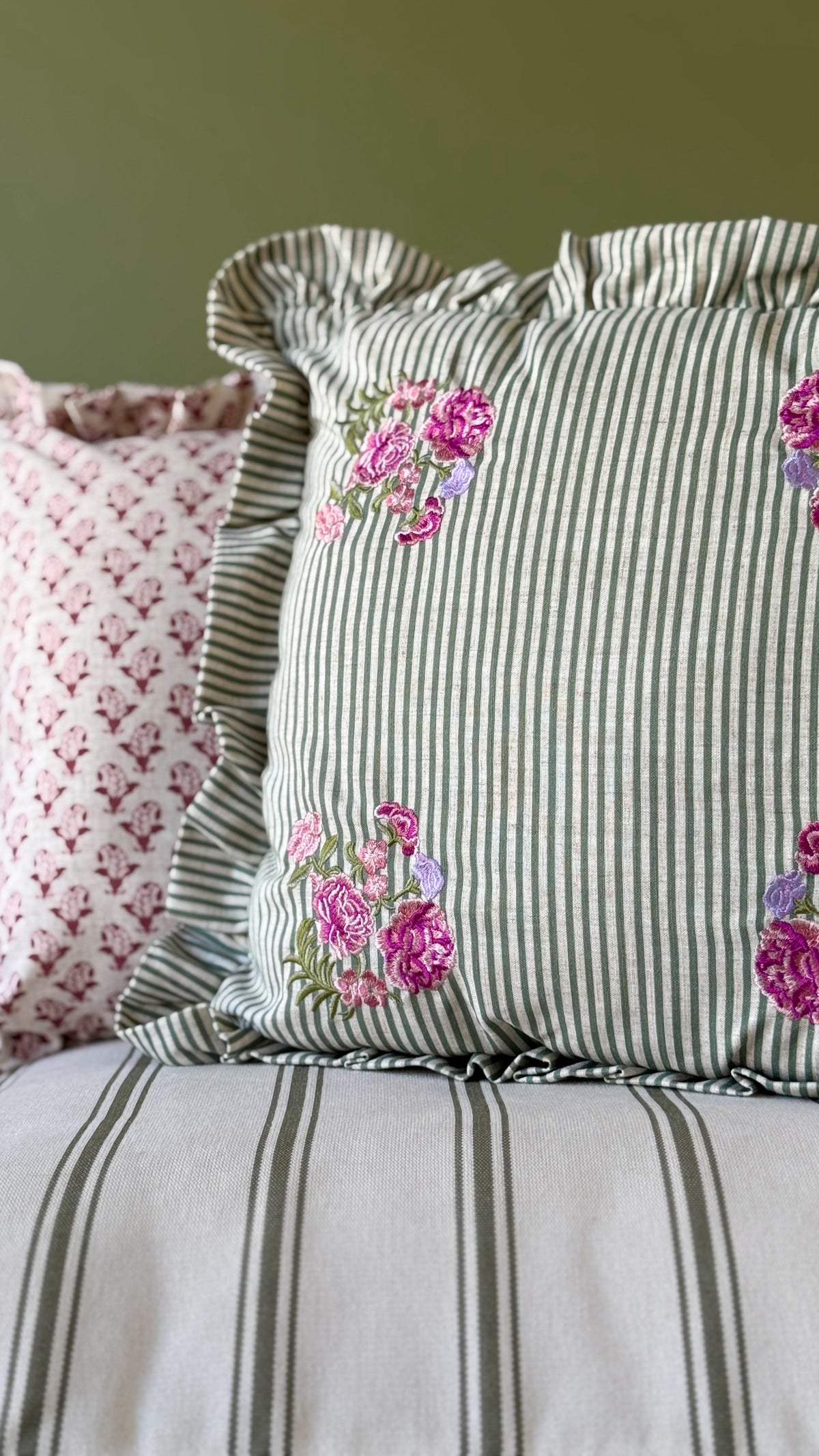 Martha green striped ruffle vintage floral cushion