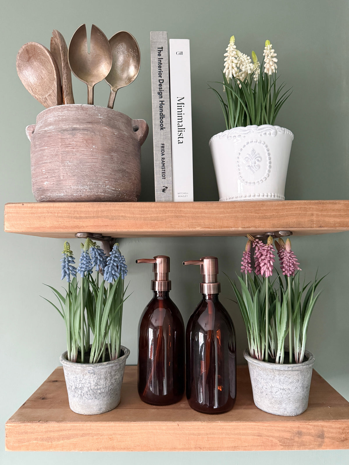 Faux grape hyacinth in stone pot