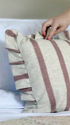 Connie rectangle striped ruffle cushion pink