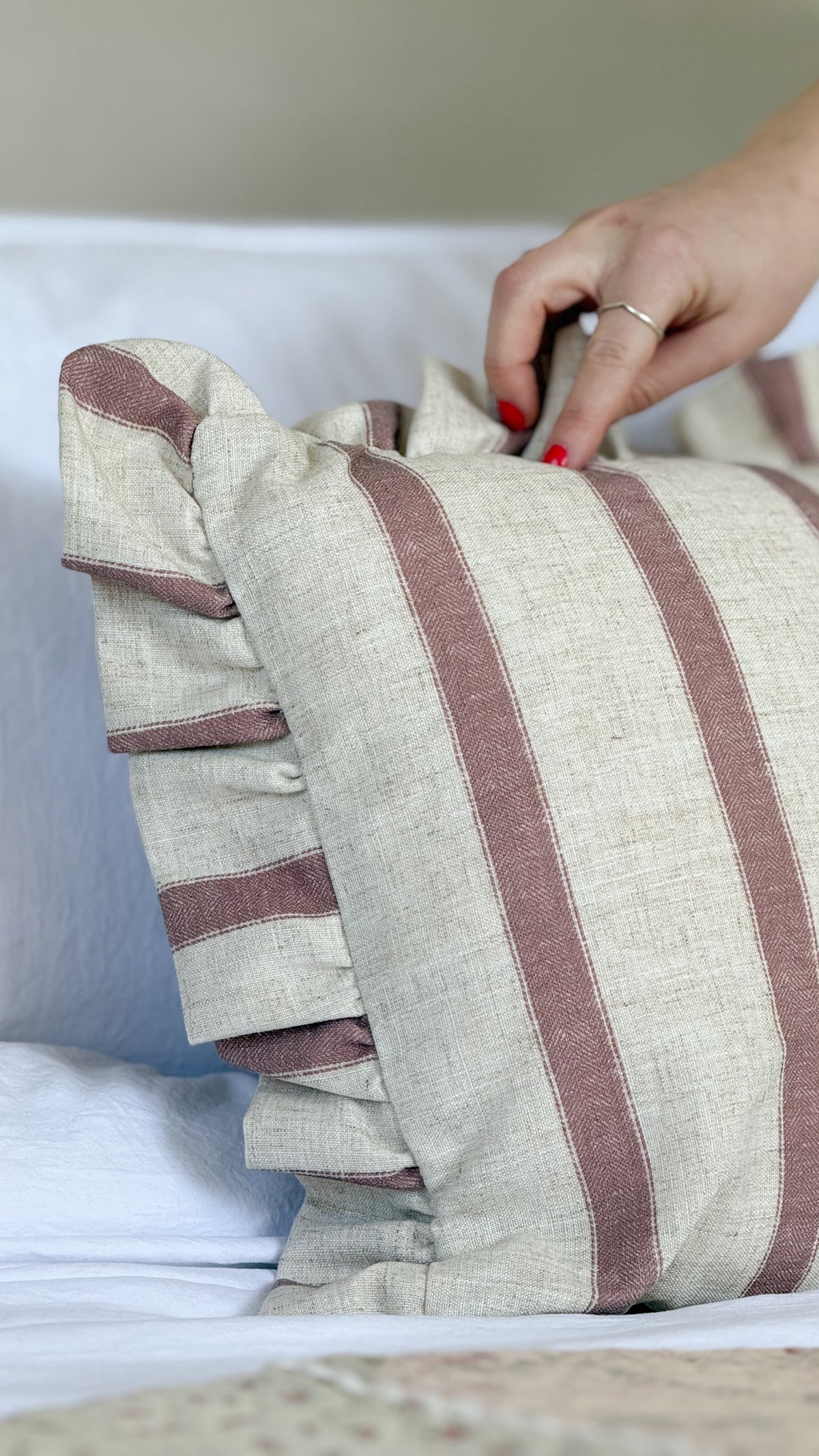 Connie rectangle striped ruffle cushion pink