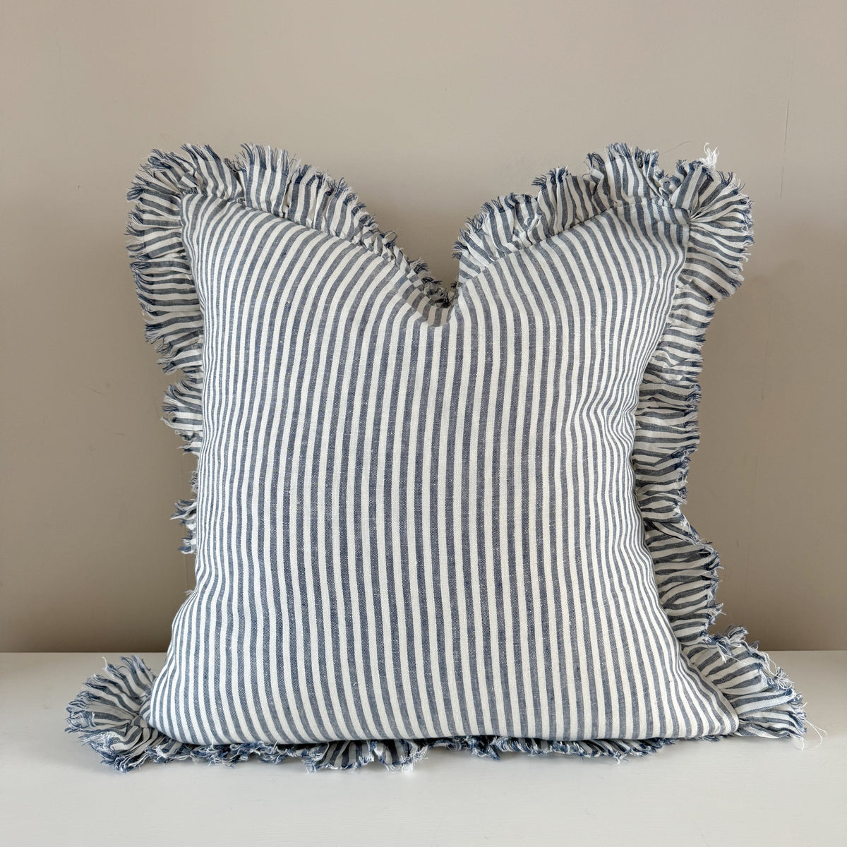 Navy stripe ruffled linen cushion 45 x 45