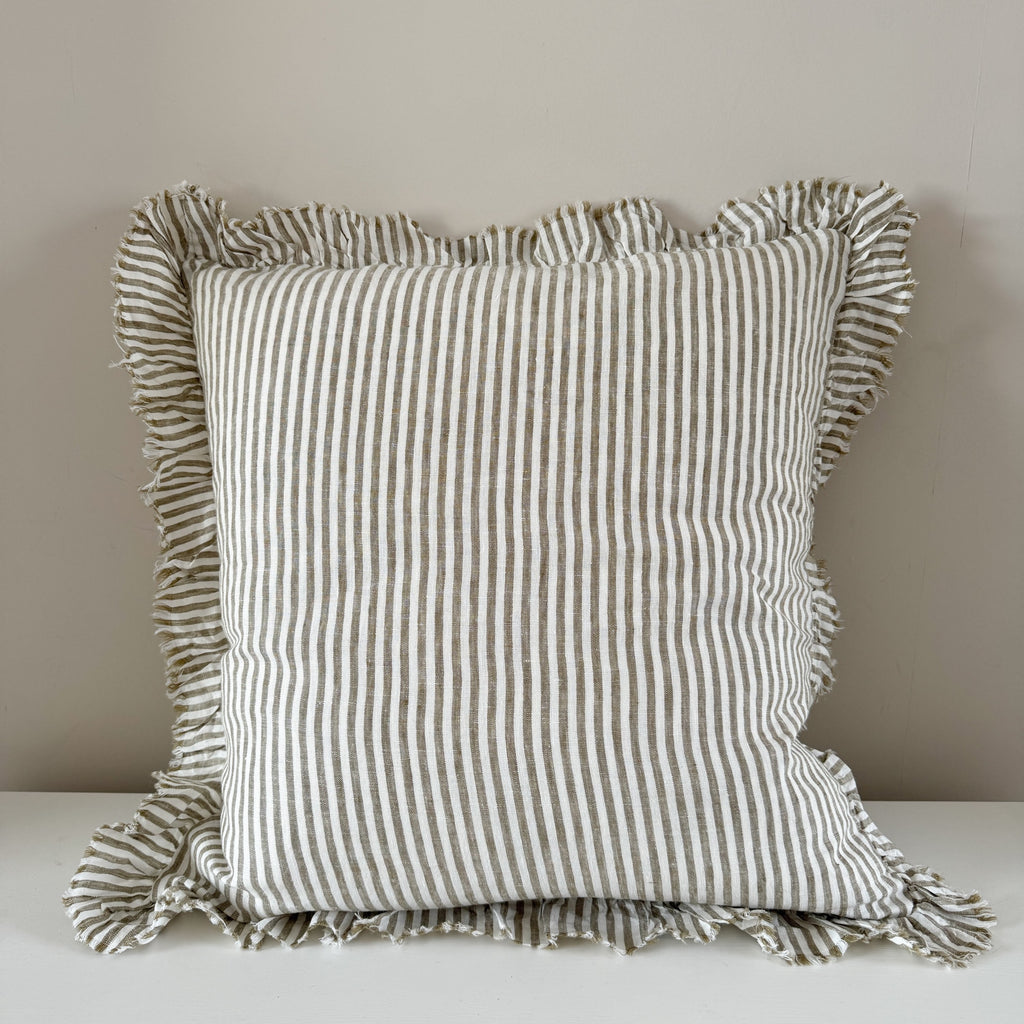 Olive stripe ruffled linen cushion 45 x 45
