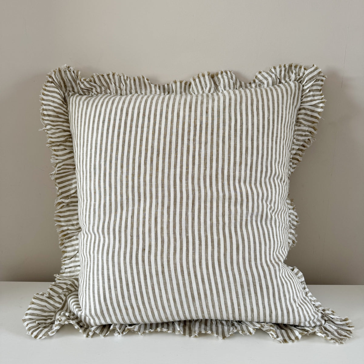 Olive stripe ruffled linen cushion 45 x 45