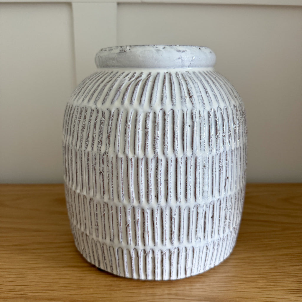 White terracotta ridge vase