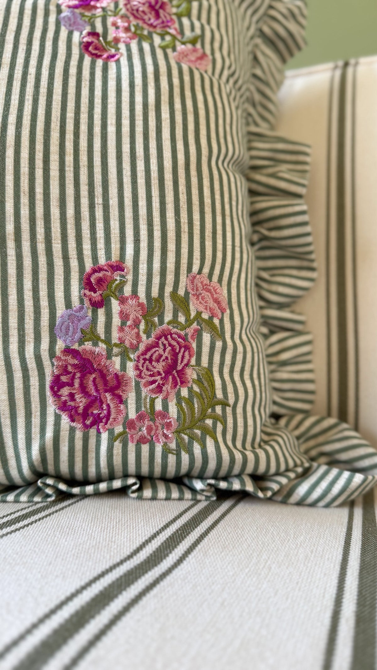 Martha green striped ruffle vintage floral cushion