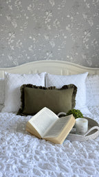 Olive plain ruffled linen cushion 50 x 30