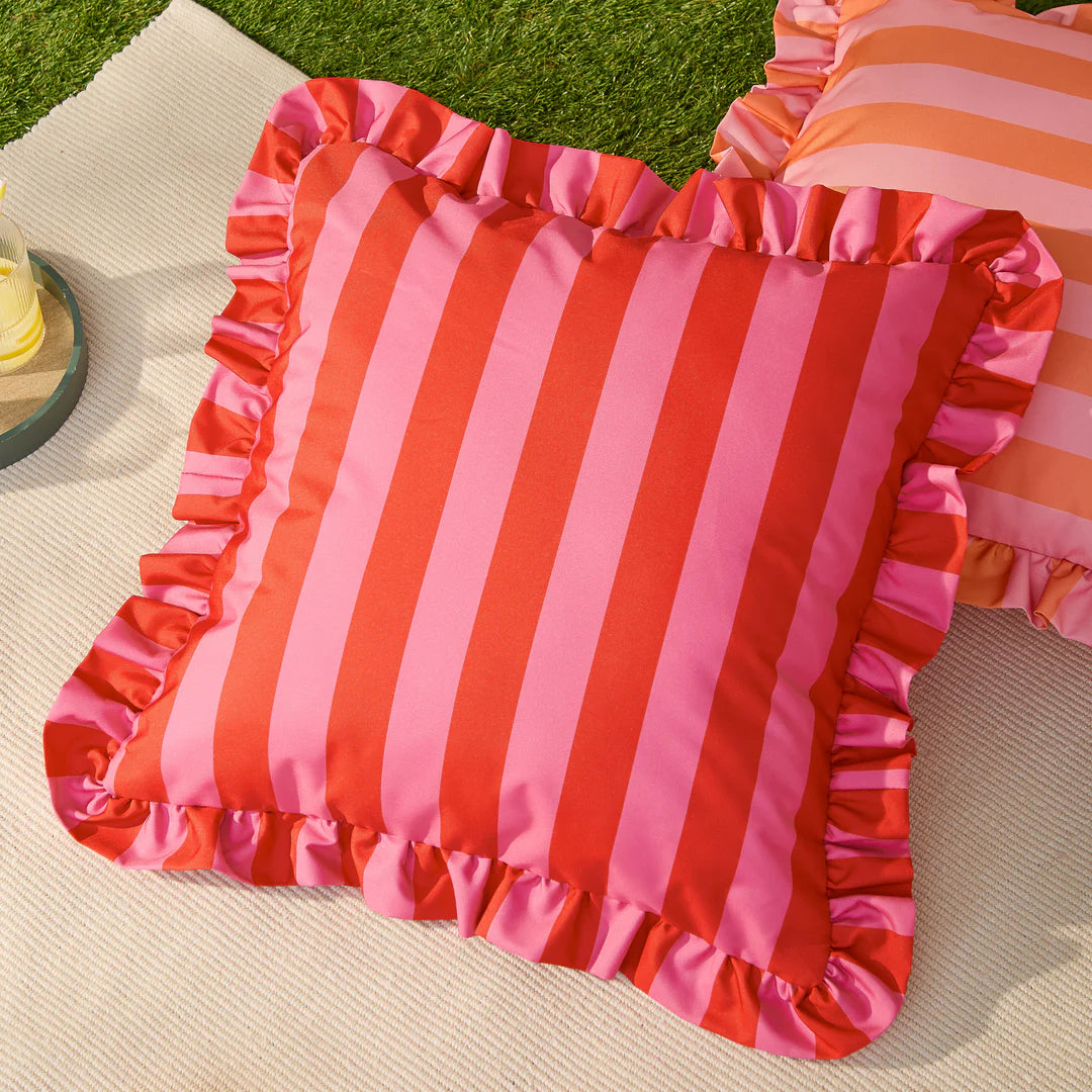 Outdoor striped ruffle cushion pink and red