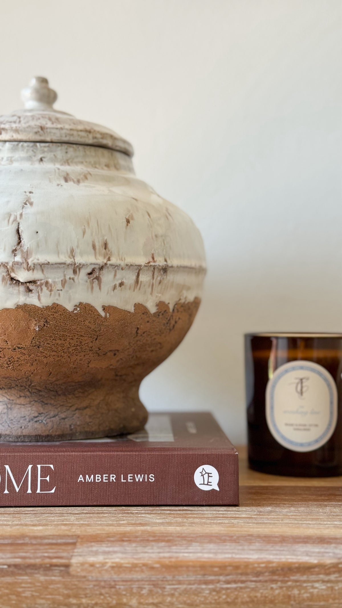Aged cream terracotta pot with lid