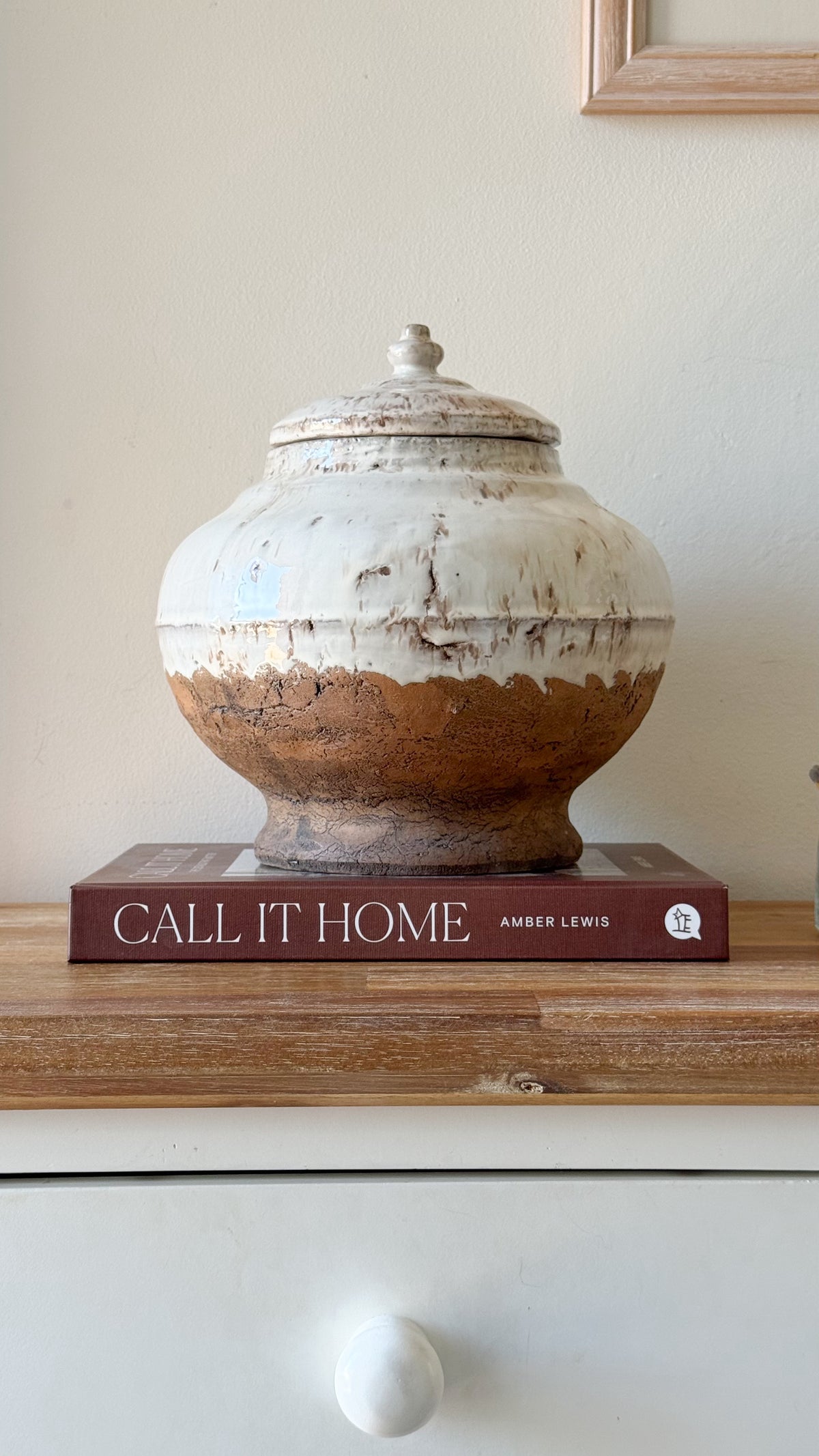 Aged cream terracotta pot with lid