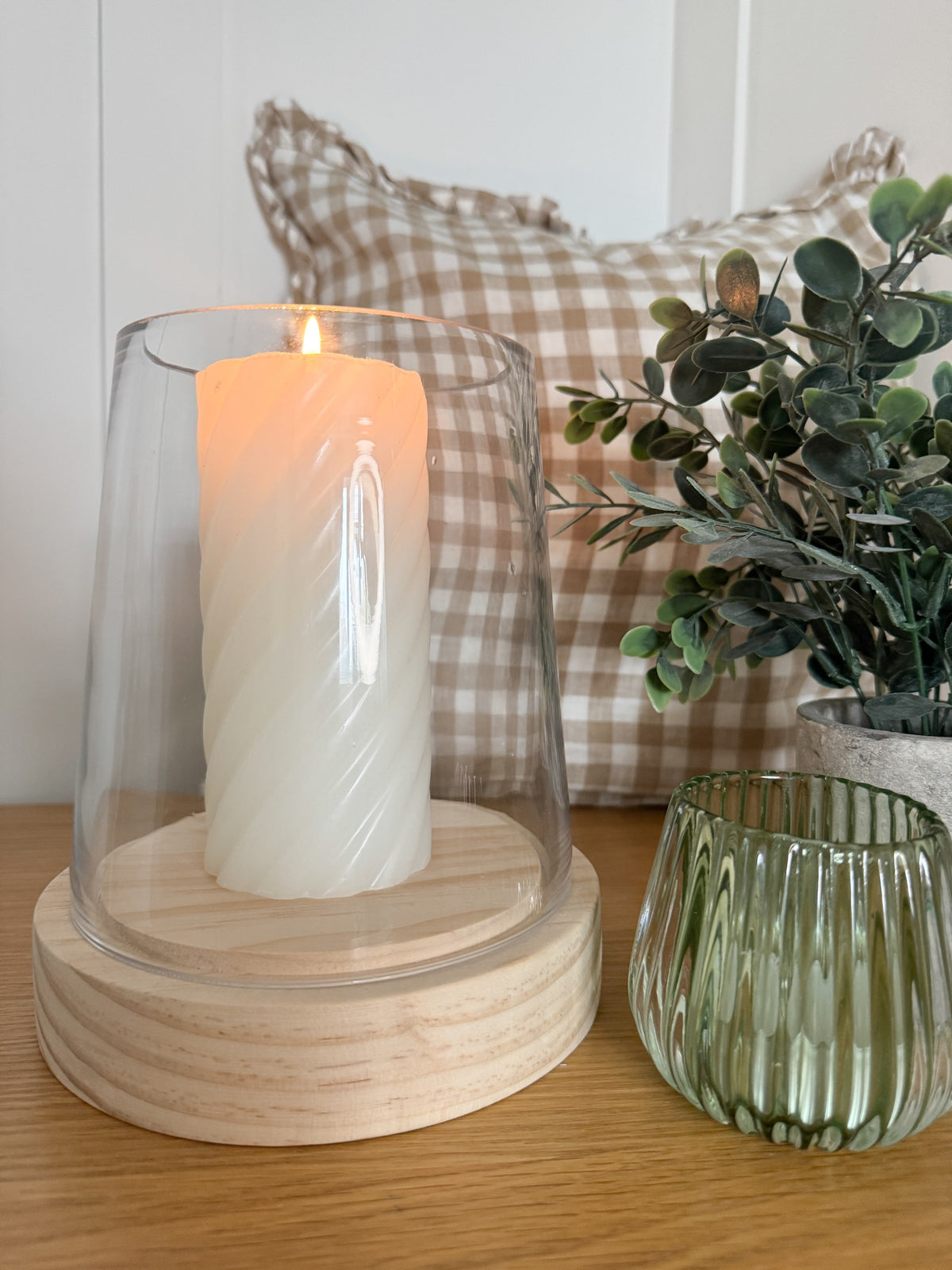 Hurricane lantern with wooden base