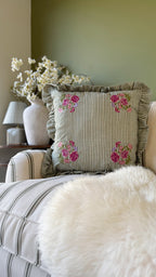 Martha green striped ruffle vintage floral cushion