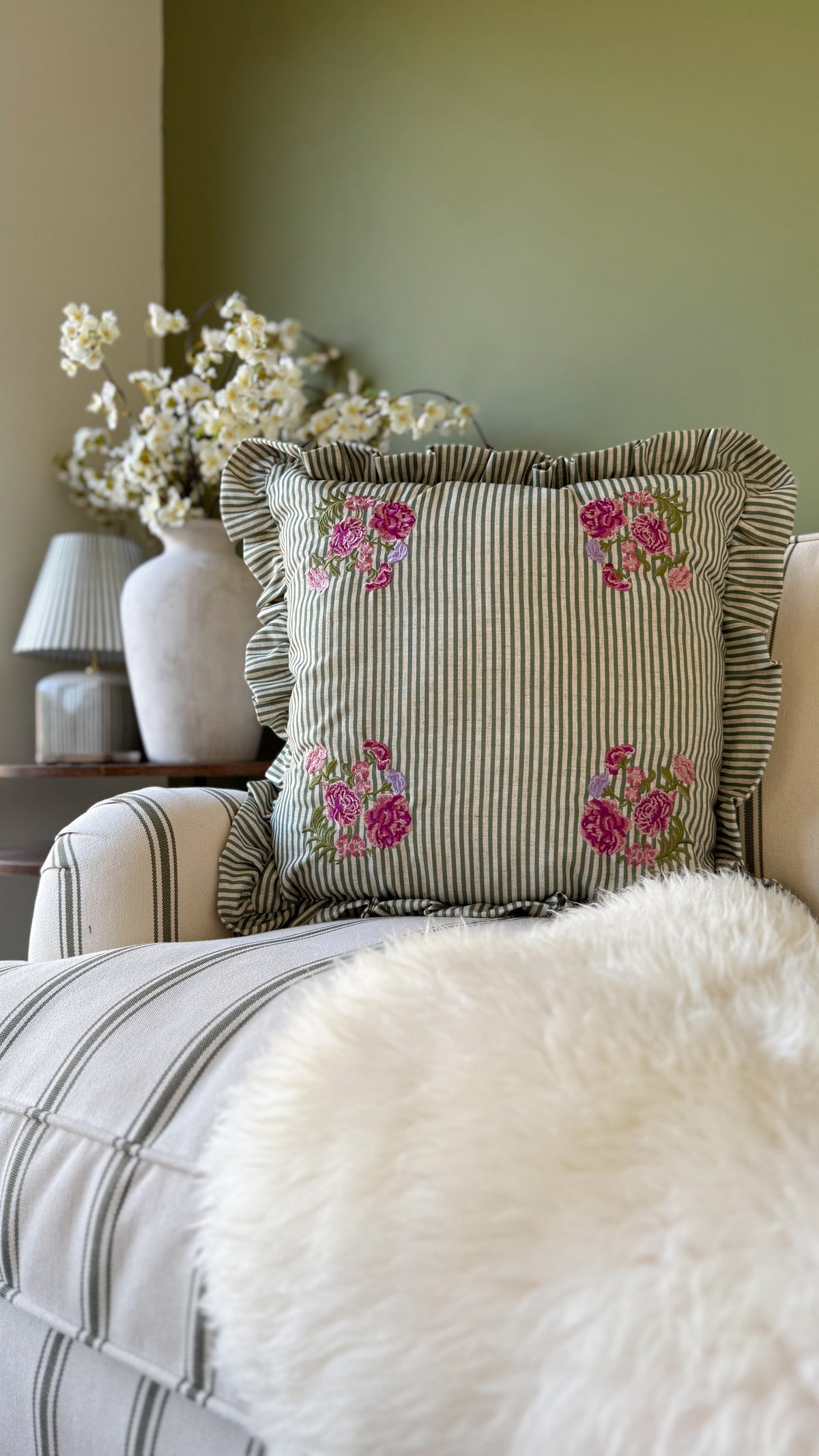 Martha green striped ruffle vintage floral cushion