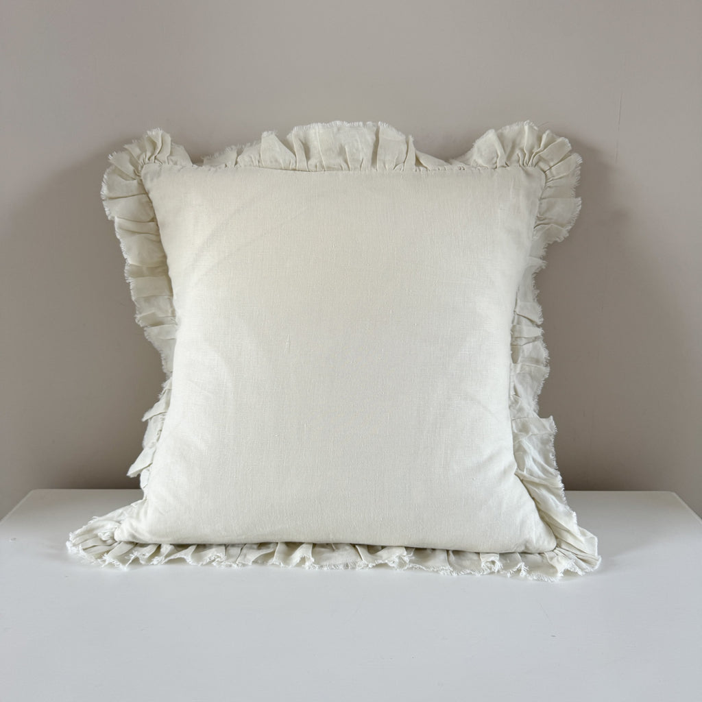 Cream ruffled plain linen cushion 45 x 45