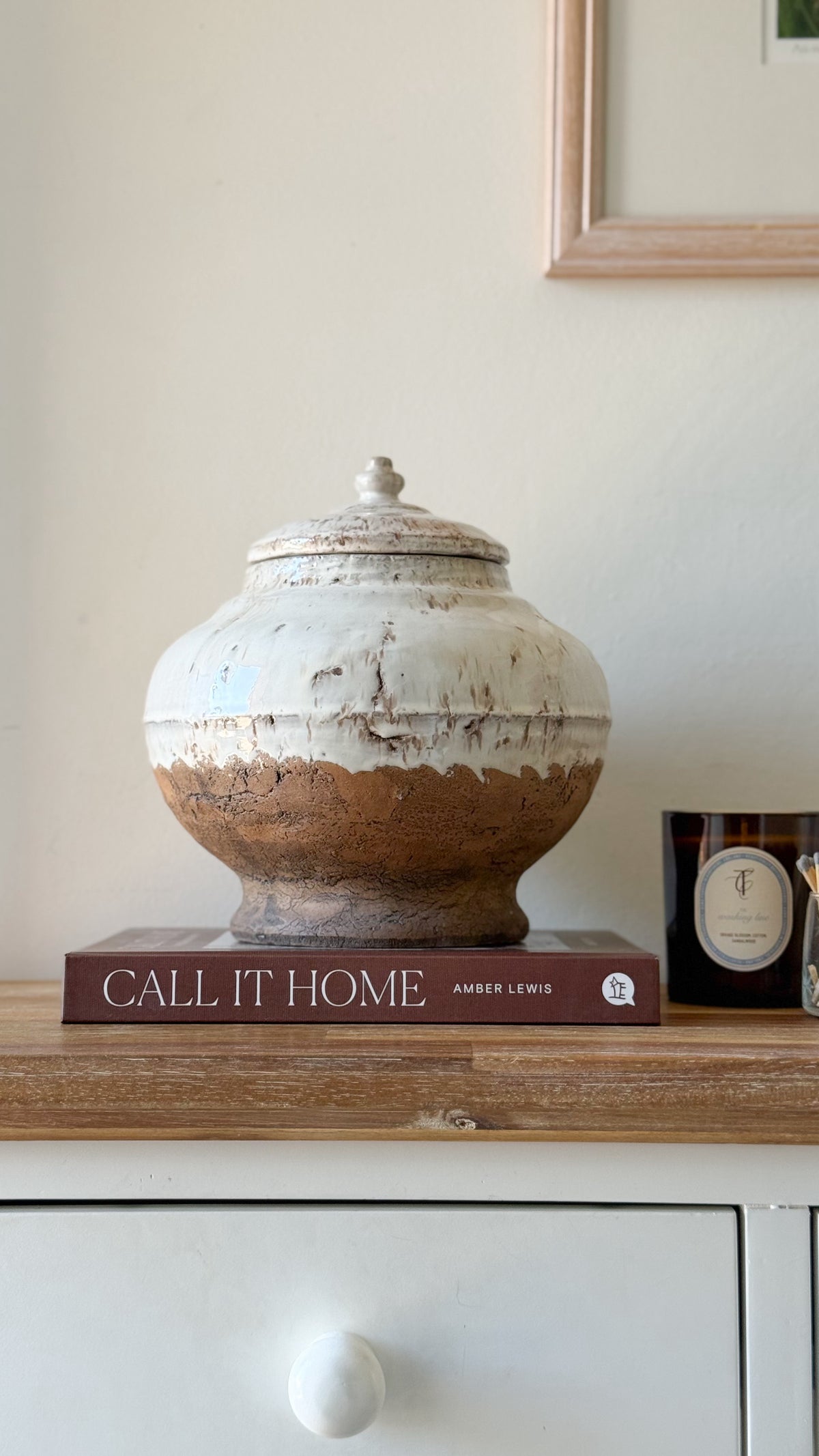 Aged cream terracotta pot with lid