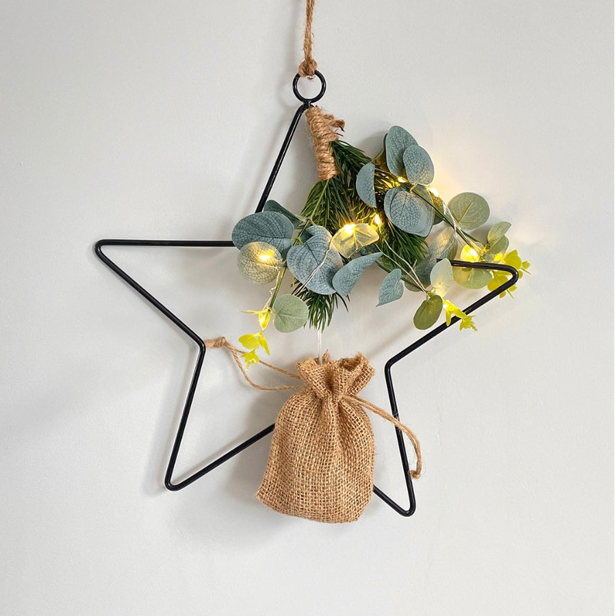 Black wire LED star with pine needles and eucalyptus