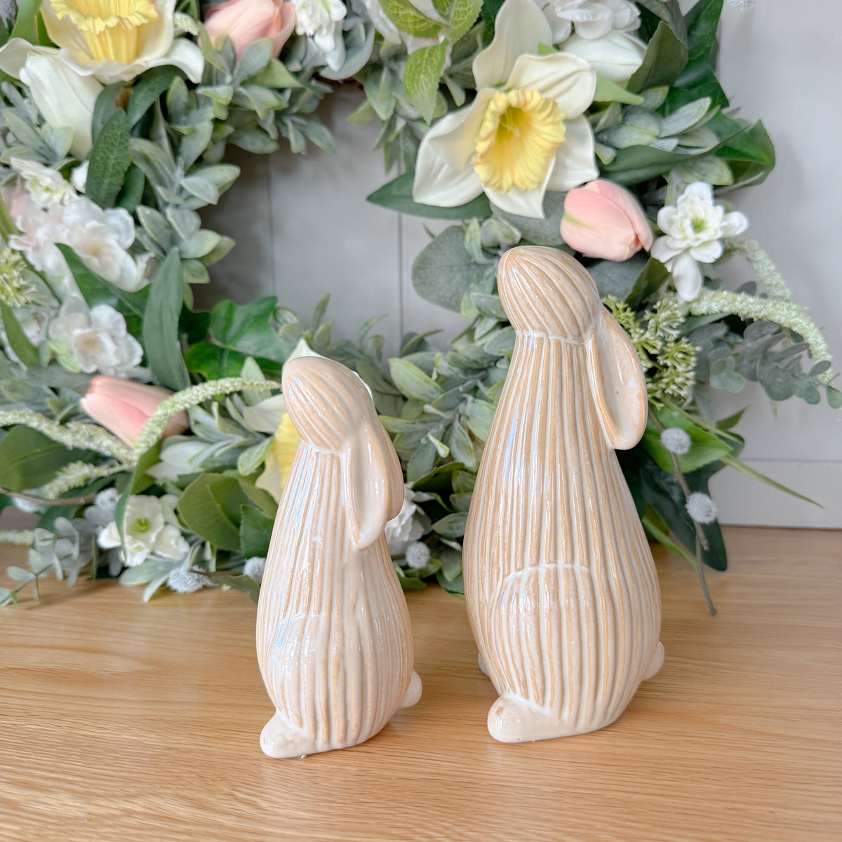 Neutral ceramic ribbed standing bunny - small