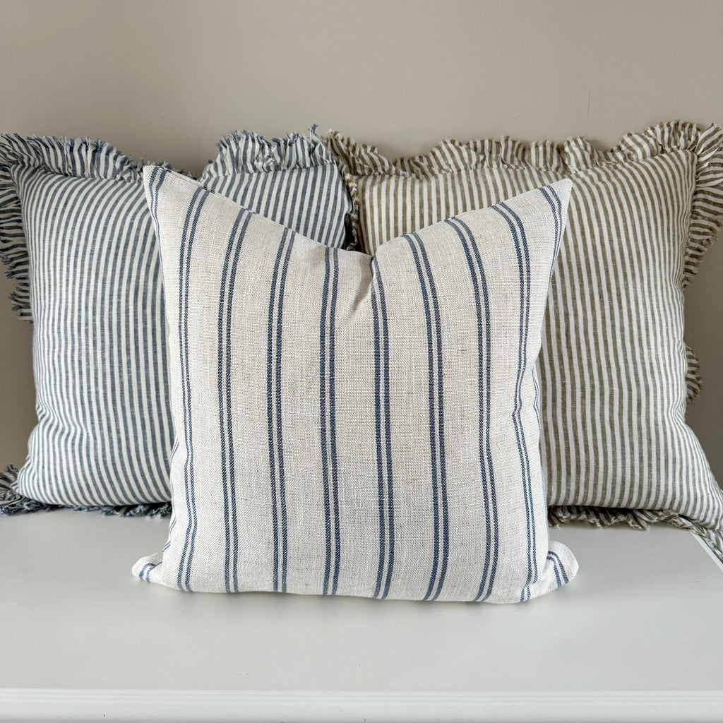 Linen blend coastal blue stripe cushion 45 x 45