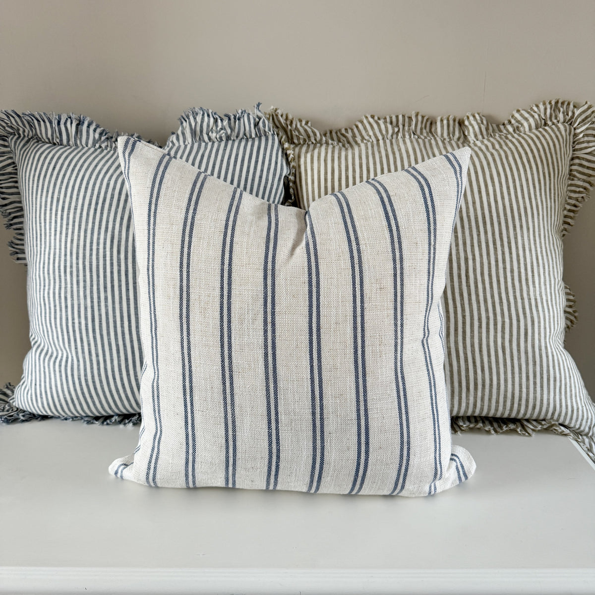 Linen blend coastal blue stripe cushion 45 x 45