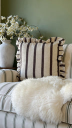Connie square striped ruffle cushion chocolate