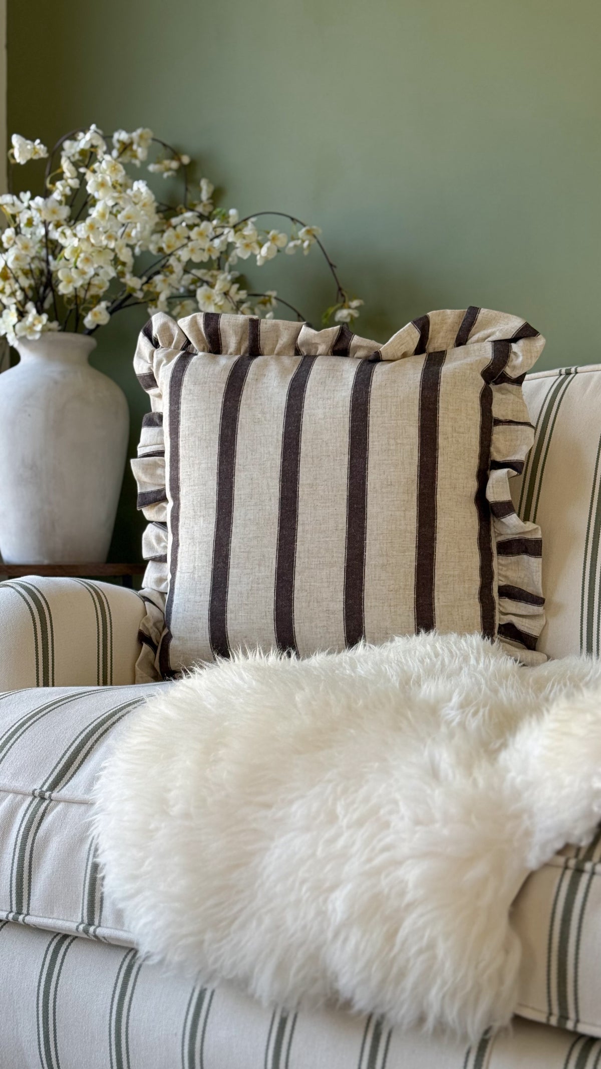 Connie square striped ruffle cushion chocolate