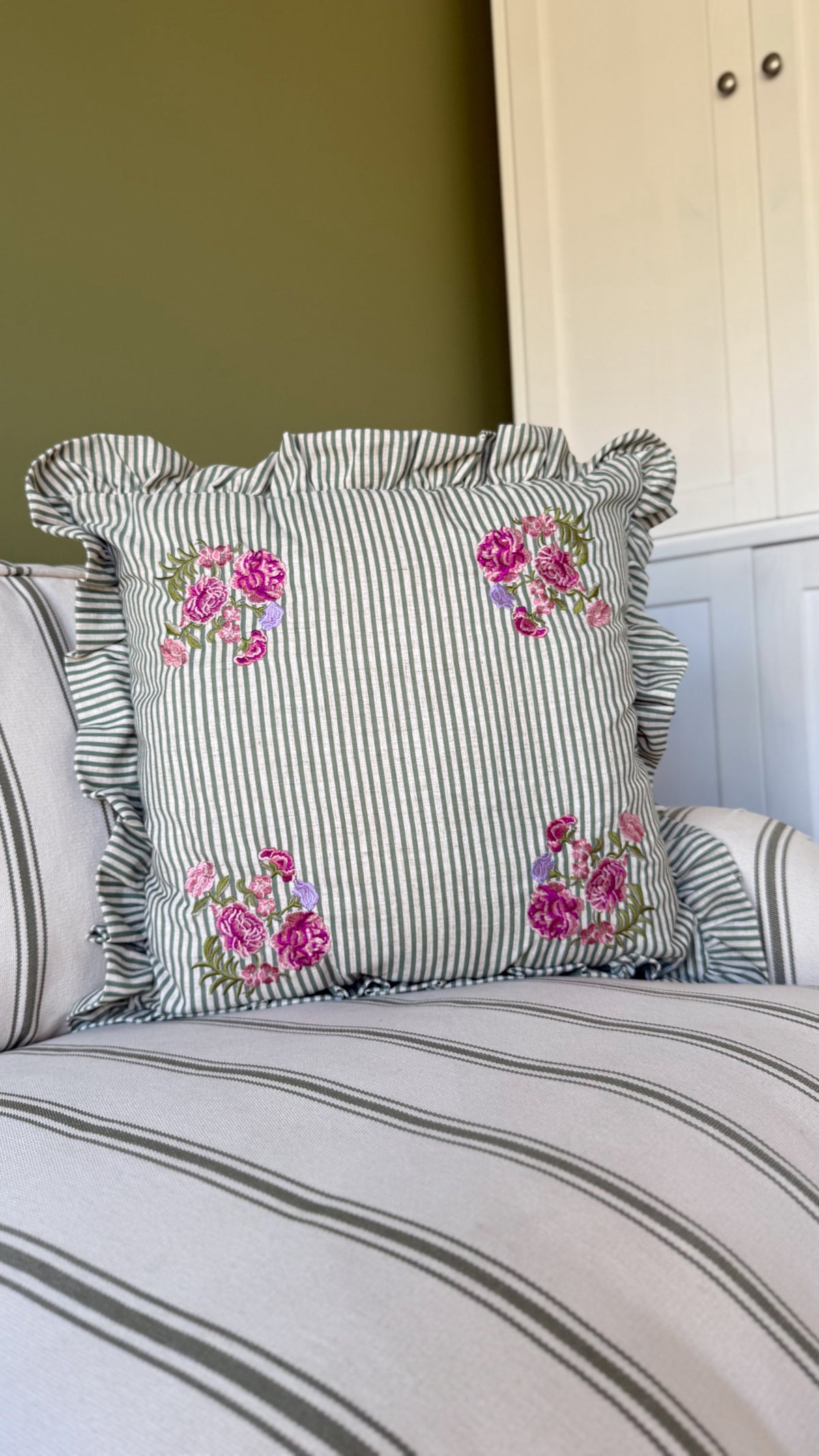 Martha green striped ruffle vintage floral cushion