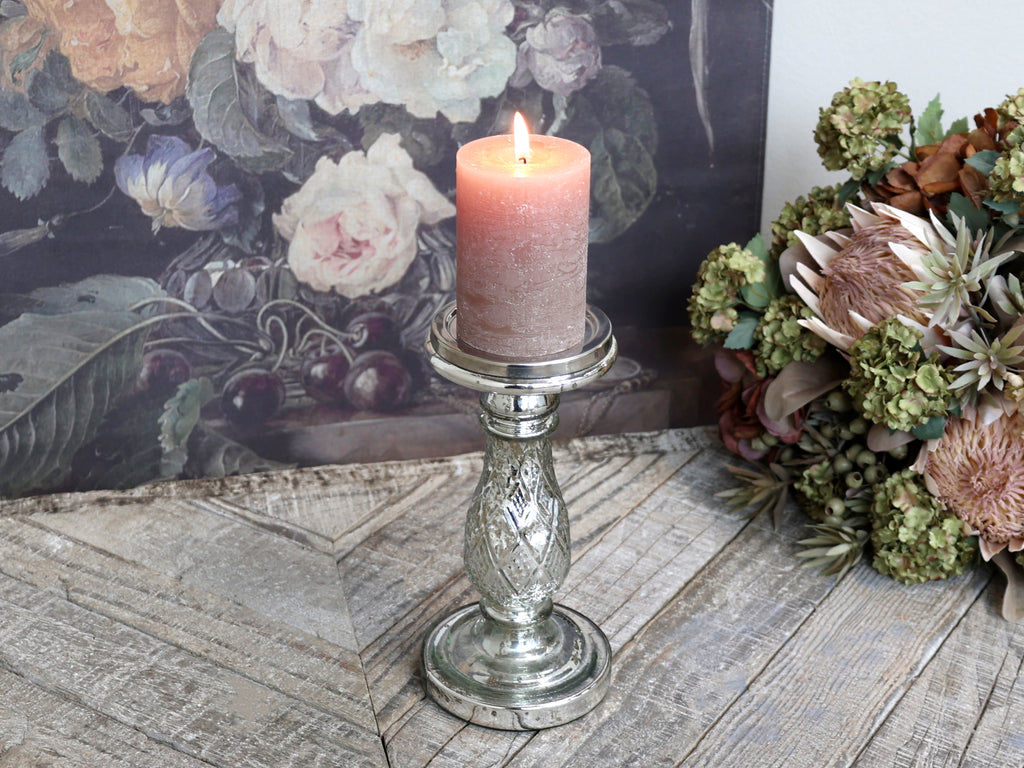 Mercury glass candlestick for pillar candle