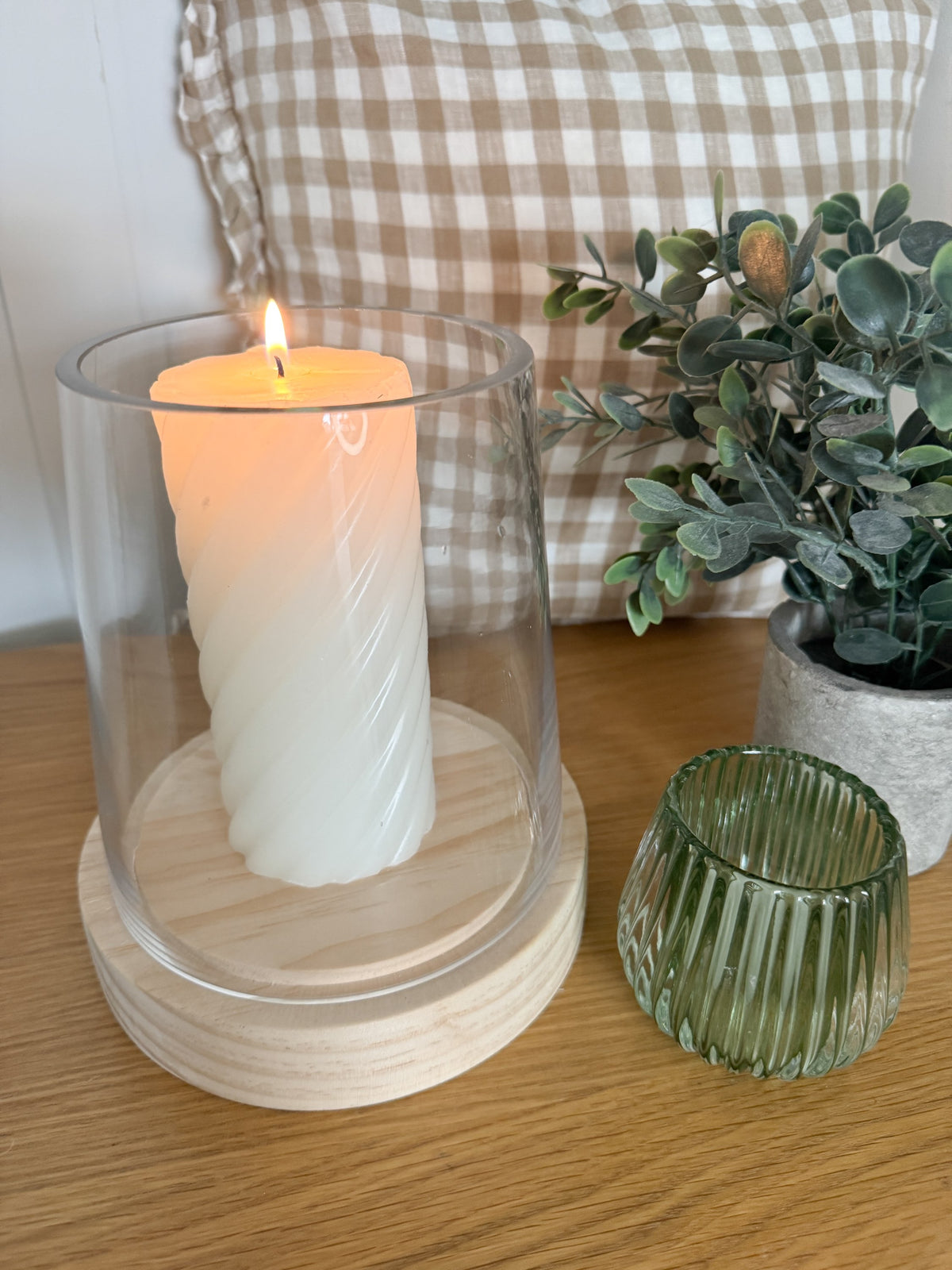 Hurricane lantern with wooden base
