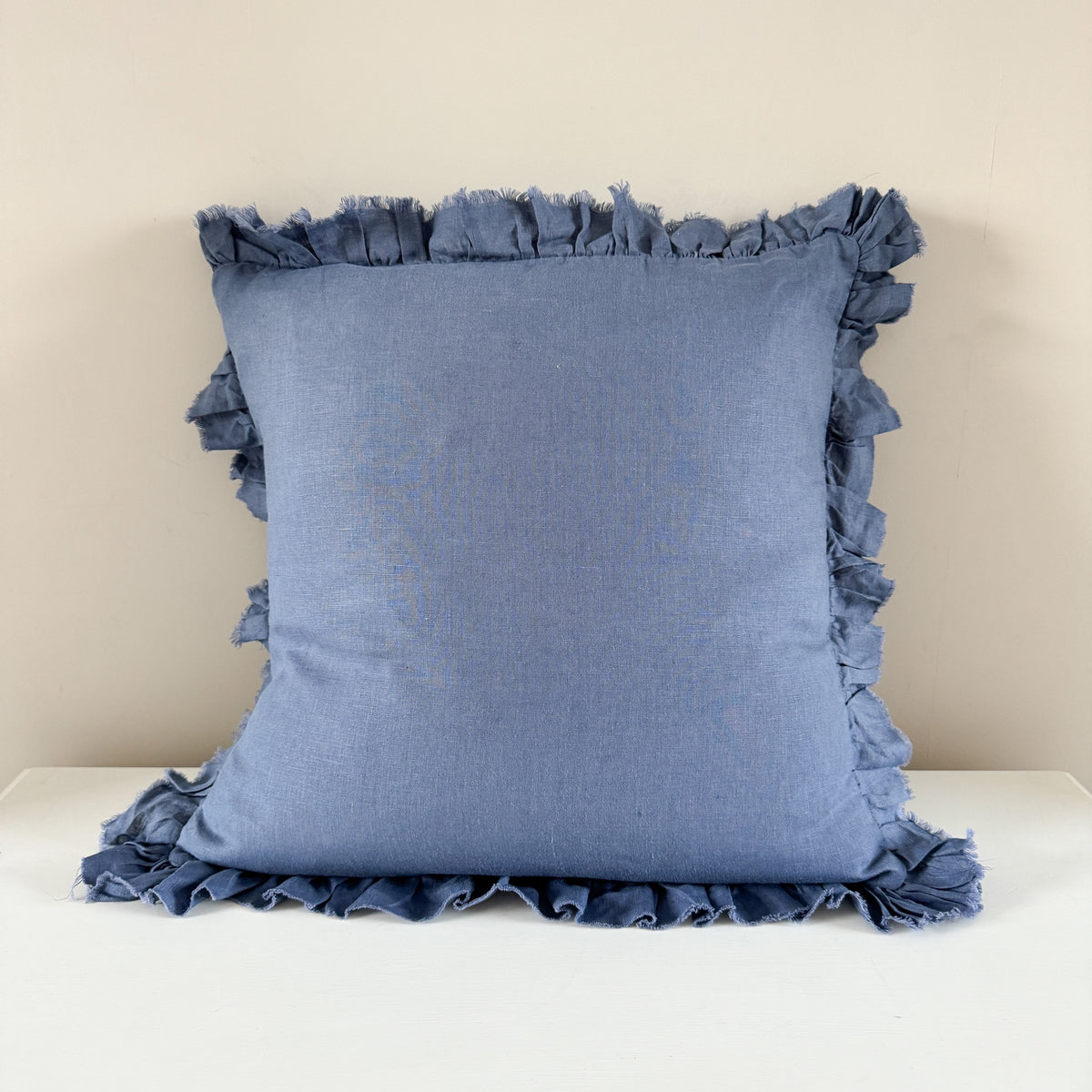 Navy ruffled plain linen cushion 45 x 45