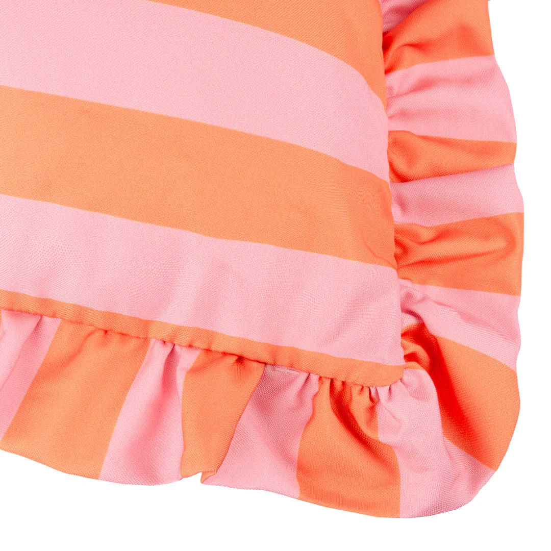 Outdoor striped ruffle cushion pink and orange