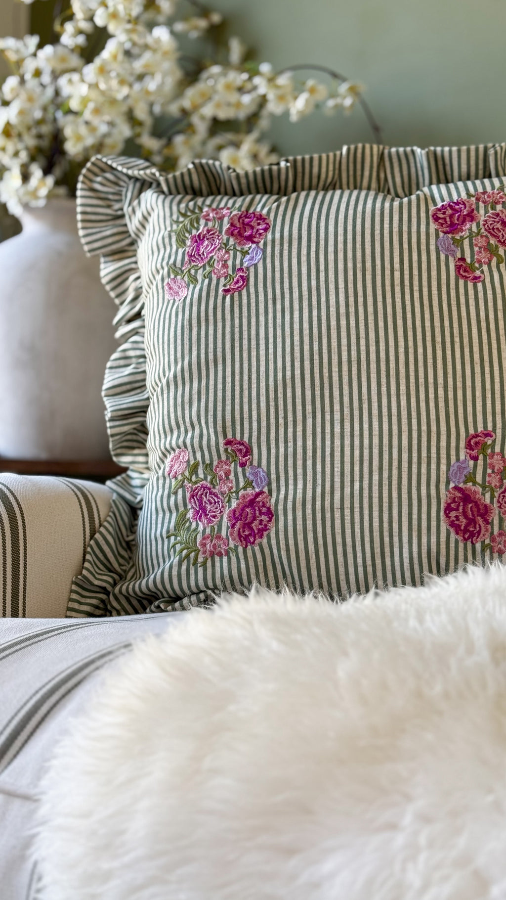 Martha green striped ruffle vintage floral cushion